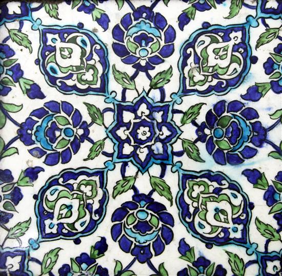 A Damascus pottery tile, Ottoman Syria, c.1600, 26.5cm. visible, in an oak frame